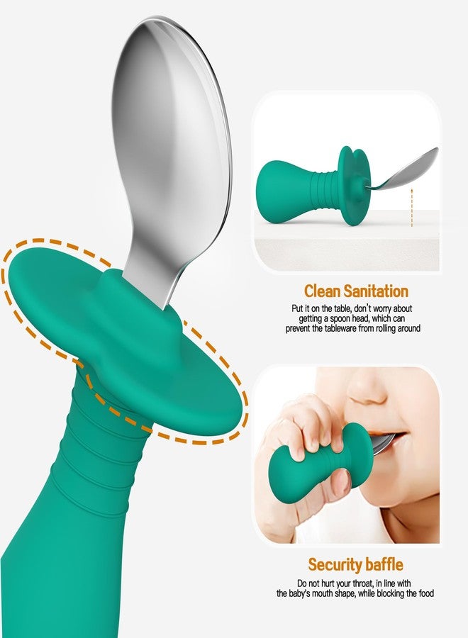 SFCCMM 2 Pcs Baby Spoons Toddler Spoons for Self Feeding, Kids Spoons with Silicone Round Handle, Stainless Steel Toddler Utensils Children Safe Silverware Set, Anti-Choke Design, BPA Free - Green Blue - Image 5